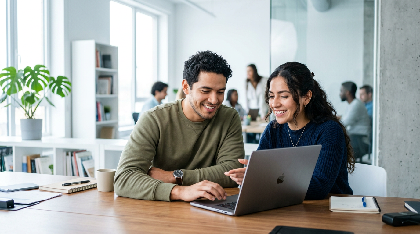 Two friends collaborating over a laptop in a bright studio
