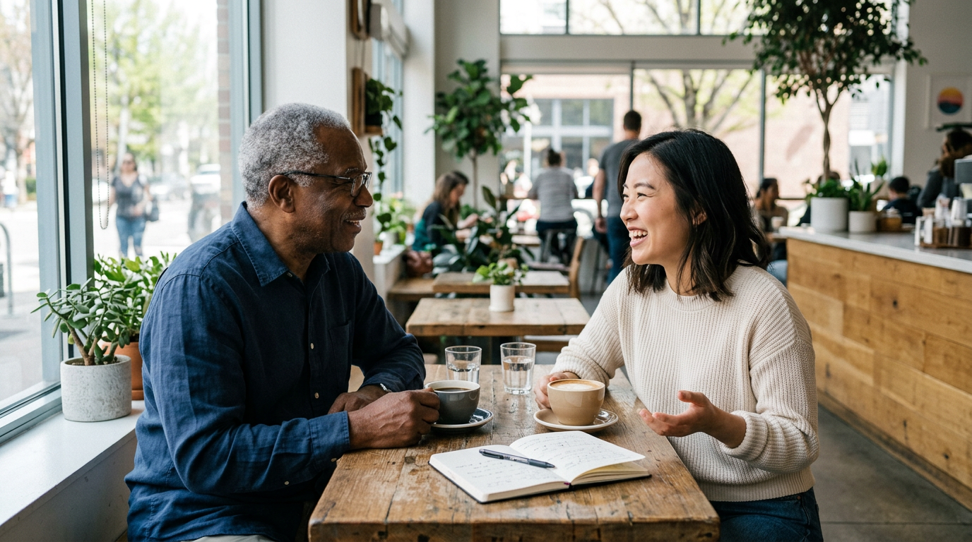 An older man and younger woman having a warm conversation over coffee