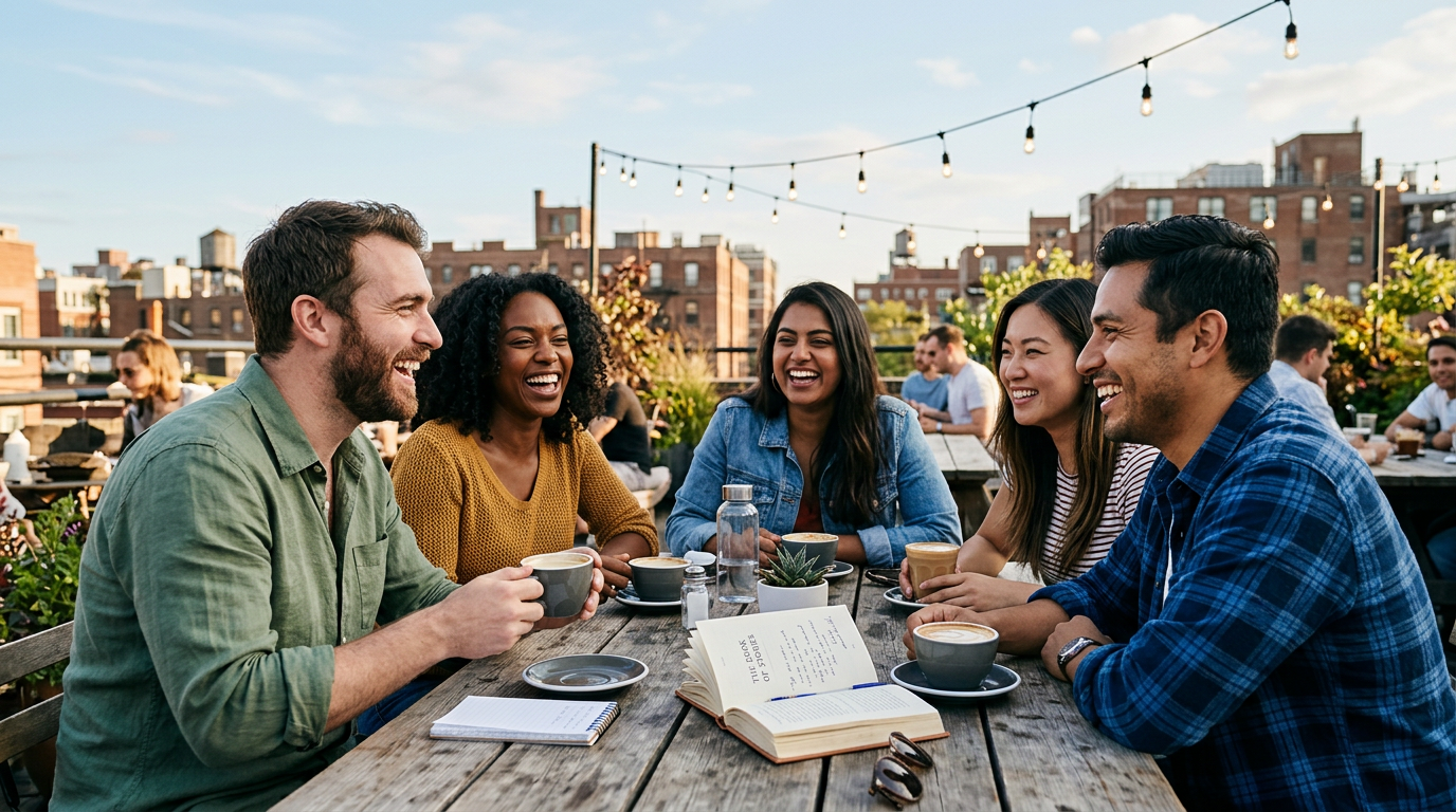 A diverse group of friends laughing together over coffee on a sunny rooftop